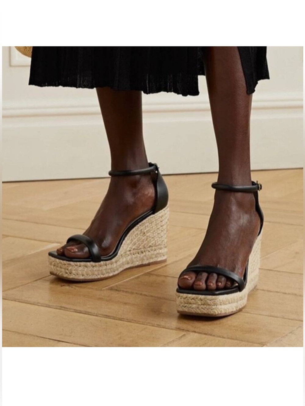 Stuart weitzman nudistcurve black leather espadrille sandals heels